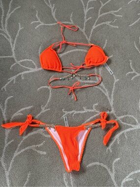 Neon Orange Crochet Tie-Side Bikini with Gem Accents